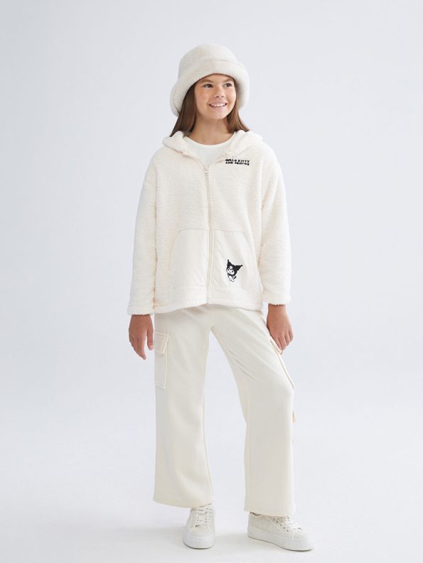 LCW Kids Cream Hooded Hello Kitty Embroidered Plush Girl's Cardigan