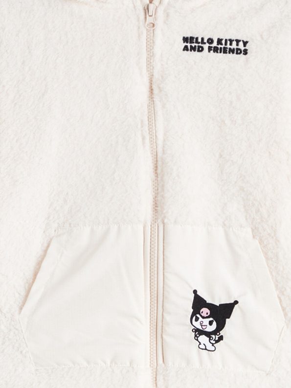 LCW Kids Cream Hooded Hello Kitty Embroidered Plush Girl's Cardigan