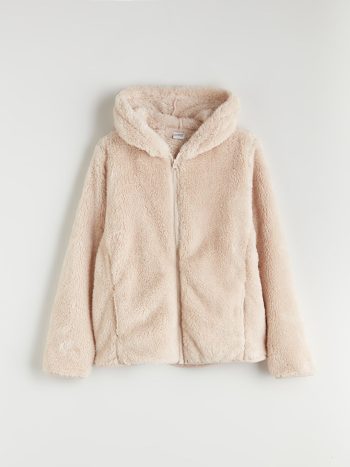 LCW Kids Beige Hooded Plush Girls Zippered Sweatshirt