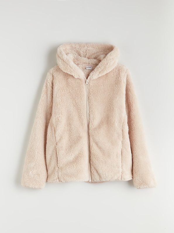 LCW Kids Beige Hooded Plush Girls Zippered Sweatshirt
