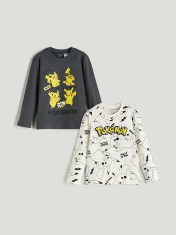 LCW Kids Gray Pikachu Print Crew Neck T-Shirt Set for Boys