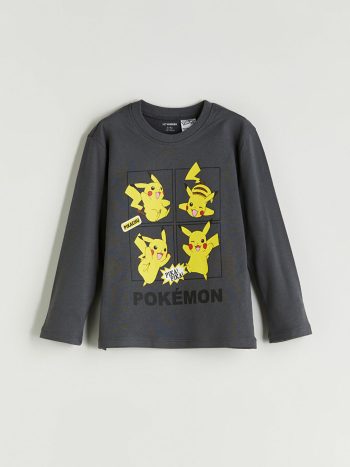 LCW Kids Gray Pikachu Print Crew Neck T-Shirt Set for Boys