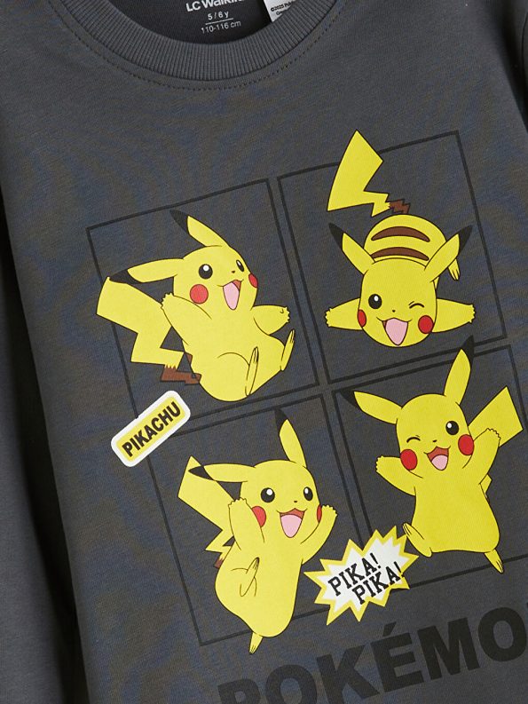 LCW Kids Gray Pikachu Print Crew Neck T-Shirt Set for Boys