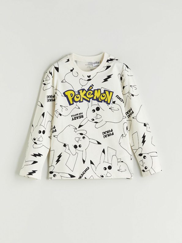 LCW Kids Gray Pikachu Print Crew Neck T-Shirt Set for Boys