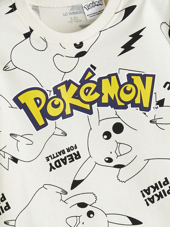 LCW Kids Gray Pikachu Print Crew Neck T-Shirt Set for Boys