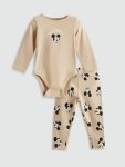 LCW Baby Beige Mickey Mouse Printed Baby Boy Bodysuit and Leggings Set