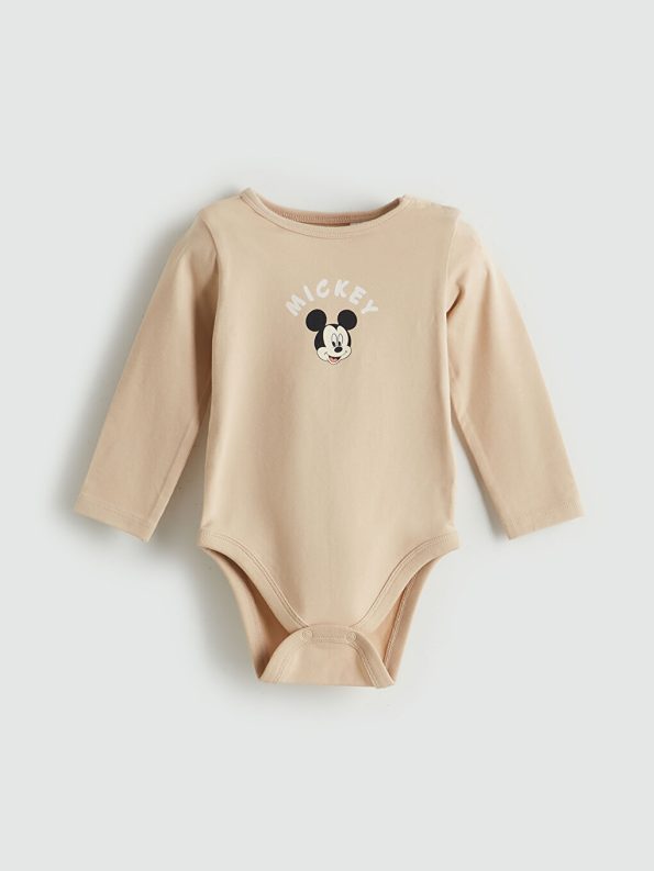 LCW Baby Beige Mickey Mouse Printed Baby Boy Bodysuit and Leggings Set