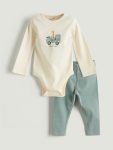 LCW Baby Beige Crew Neck Long Sleeve Printed Baby Boy Bodysuit and Pants Set