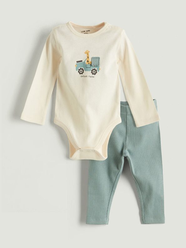 LCW Baby Beige Crew Neck Long Sleeve Printed Baby Boy Bodysuit and Pants Set