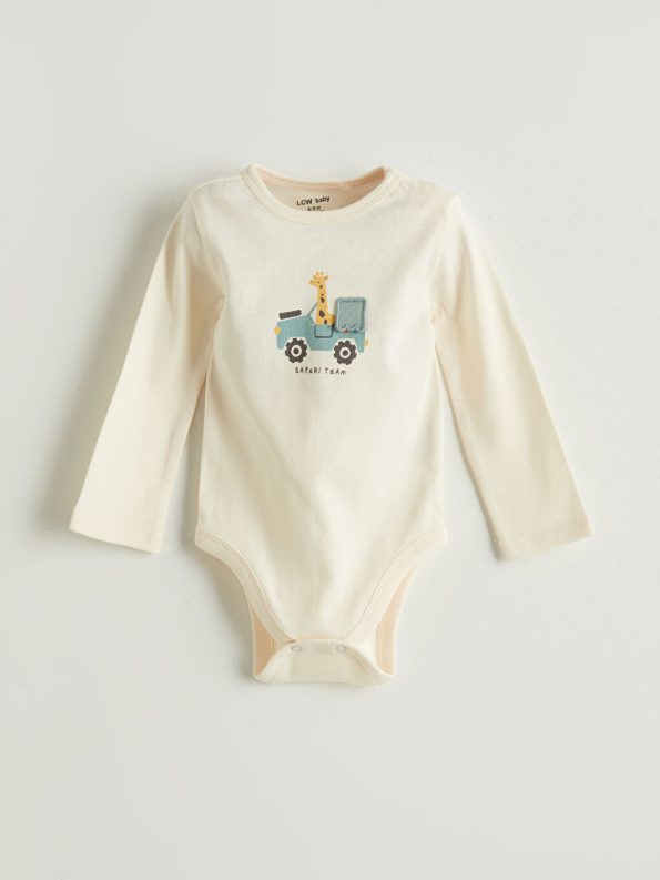 LCW Baby Beige Crew Neck Long Sleeve Printed Baby Boy Bodysuit and Pants Set