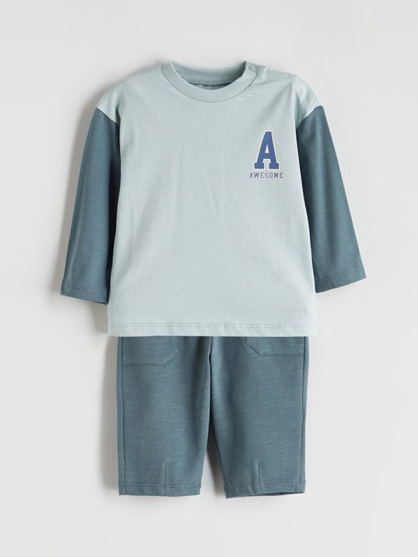 LCW Baby Green Crew Neck Boys T-Shirt and Pants Set