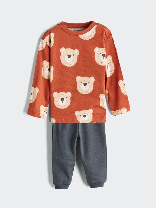 LCW Baby Brown Printed Boys T-Shirt and Pants Set