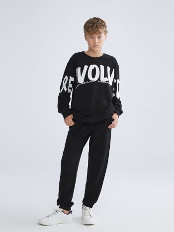 LCW Kids Black Printed Crew Neck Sweatshirt Set