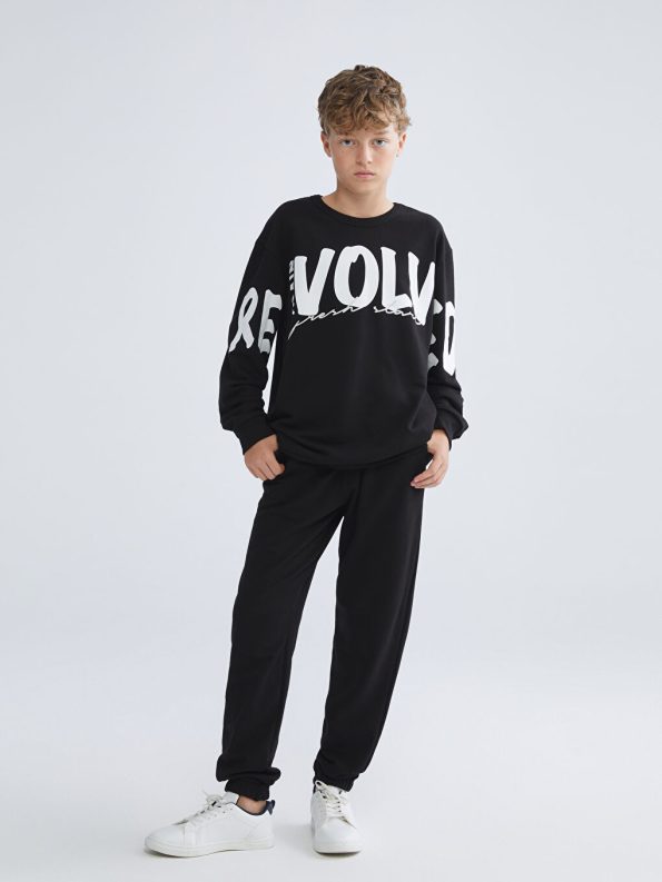 LCW Kids Black Printed Crew Neck Sweatshirt Set