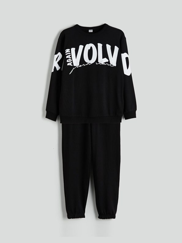 LCW Kids Black Printed Crew Neck Sweatshirt Set