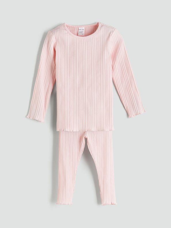 LCW Baby Pink Long Sleeve Basic Girl Pajama Set