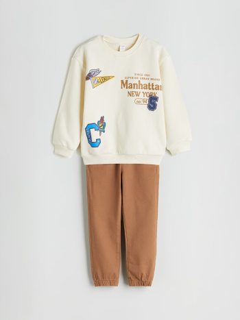 LCW Kids Beige Crew Neck Boys Sweatshirt and Jogger Pants