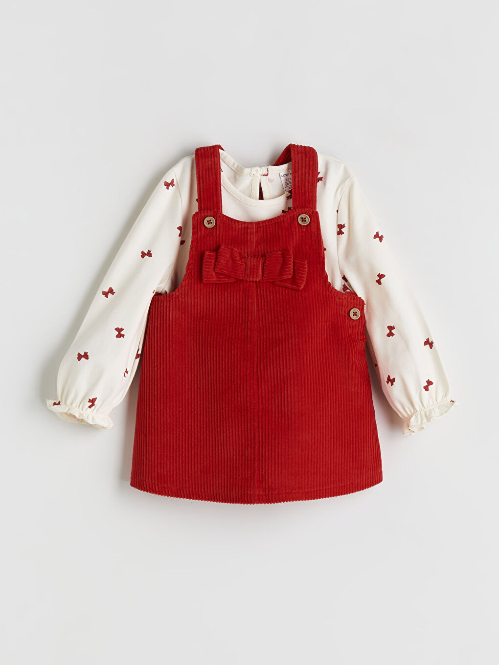 l_20252-w59618z1-kyv_a.jpg LCW baby Kirmizi Fiyonk Detaylı Kadife Kız Bebek Salopet Elbise Ve Tişört