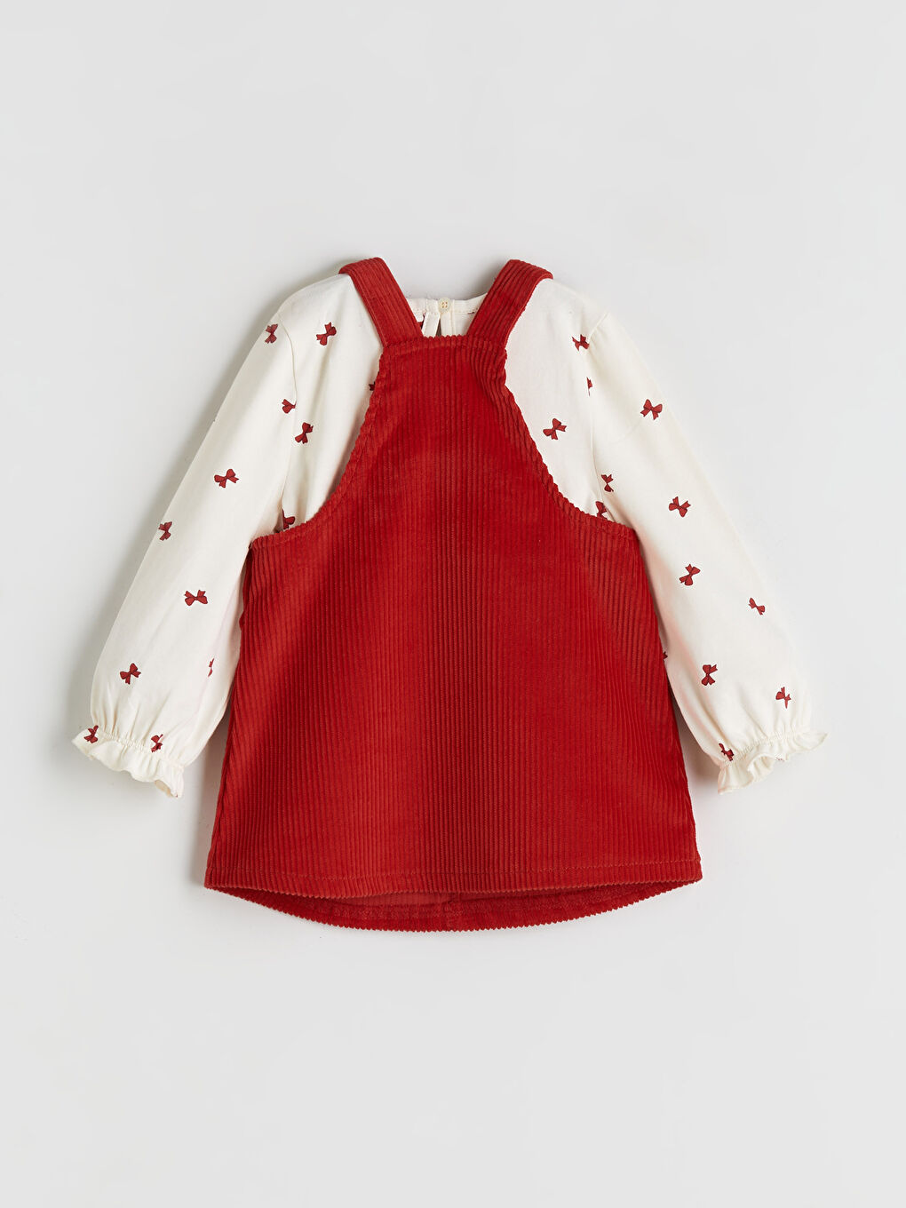 l_20252-w59618z1-kyv_a1.jpg LCW baby Kirmizi Fiyonk Detaylı Kadife Kız Bebek Salopet Elbise Ve Tişört