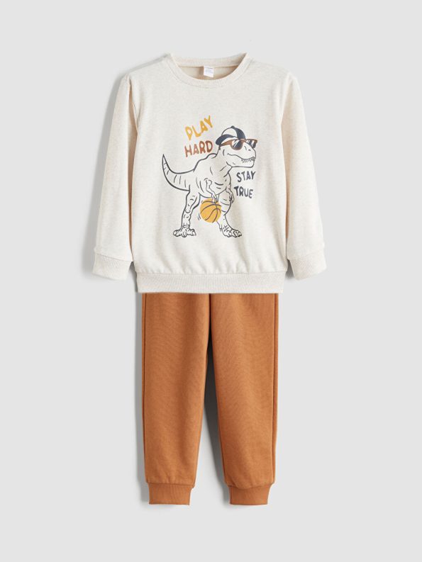 LCW Kids White Printed Crew Neck Sweatshirt and Jogger Set