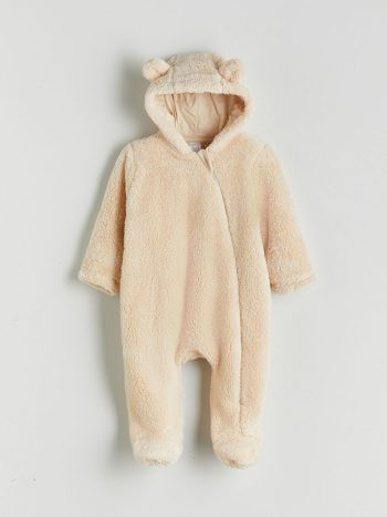 LCW babyEcru Hooded Long Sleeve Baby Girl Plush Jumpsuit