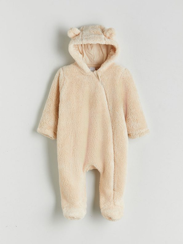 LCW babyEcru Hooded Long Sleeve Baby Girl Plush Jumpsuit