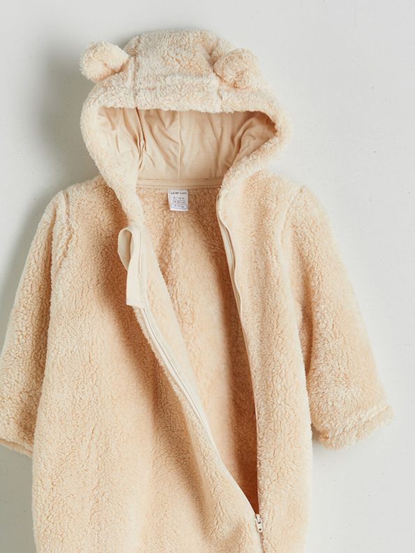 LCW babyEcru Hooded Long Sleeve Baby Girl Plush Jumpsuit