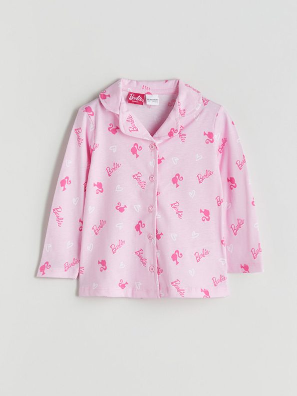 LCW Kids Pink Barbie Printed Shirt Collar Girls Pajama Set
