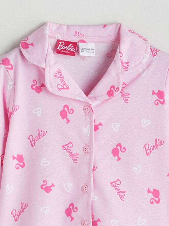 LCW Kids Pink Barbie Printed Shirt Collar Girls Pajama Set
