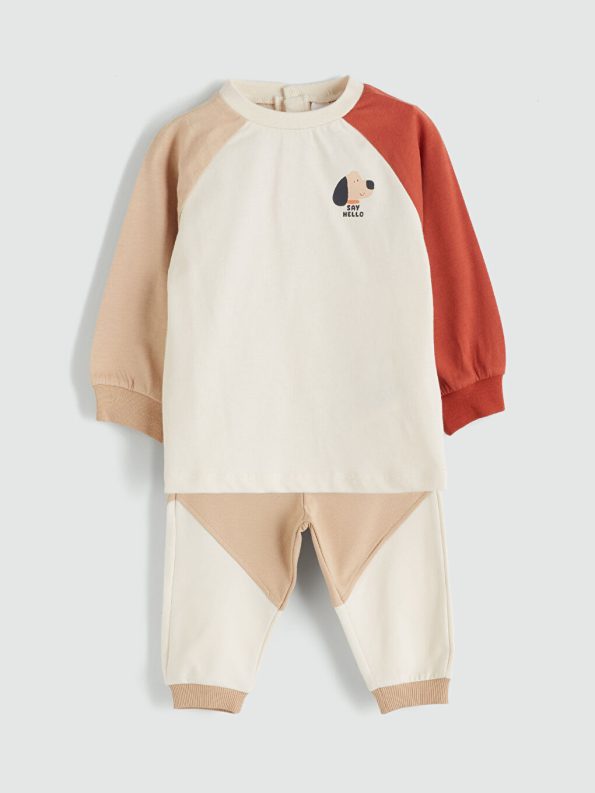 LCW Baby Beige Printed Boys Sweatshirt and Sweatpants Set