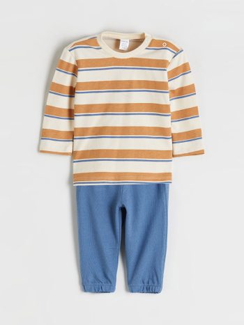 LCW Baby Beige Long Sleeve Striped Boys' T-Shirt and Sweatpants Set