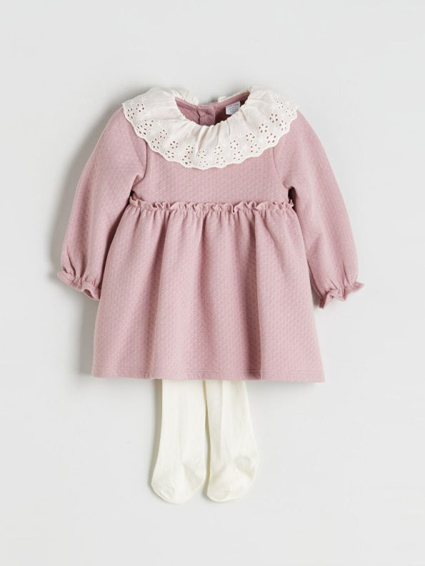 LCW baby Pembe Bebe Yaka Kız Bebek Elbise Ve Külotlu Çorap
