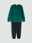 LCW Kids Green Velvet Crew Neck Pajama Set for Boys