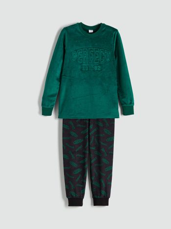LCW Kids Green Velvet Crew Neck Pajama Set for Boys