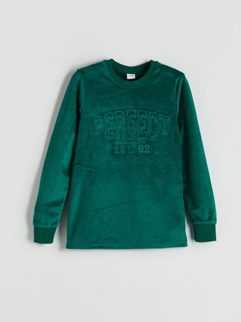 LCW Kids Green Velvet Crew Neck Pajama Set for Boys