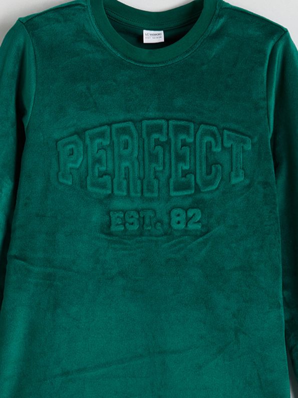 LCW Kids Green Velvet Crew Neck Pajama Set for Boys