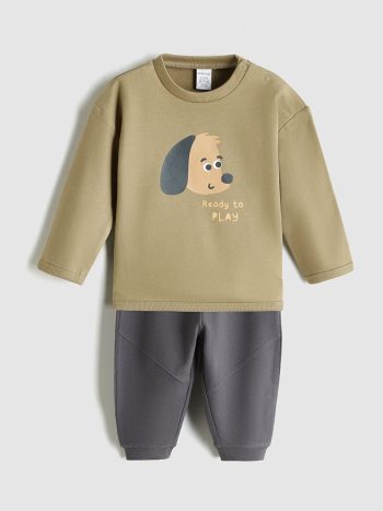 LC WAIKIKI Haki Printed Boys' Baby Sweatshirt and Pants Set
