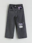 LCW Kids Dark Gray Wide-Leg Kuromi Printed Girls' Jeans