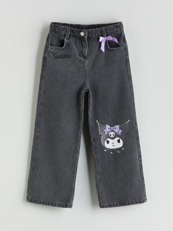 LCW Kids Dark Gray Wide-Leg Kuromi Printed Girls' Jeans