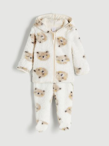 LCW Baby Cream Hooded Plush Baby Boy Cardigan and Pants