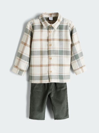 LCW Baby Cream Checkered Boys Shirt and Trouser Set