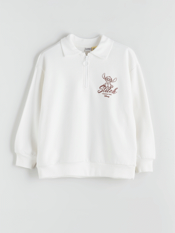 LCW Kids Cream Polo Neck Stitch Printed Girl's Sweatshirt