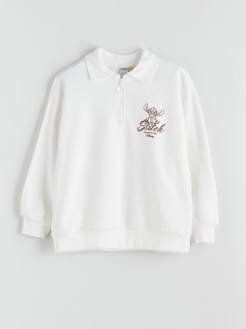LCW Kids Cream Polo Neck Stitch Printed Girl's Sweatshirt