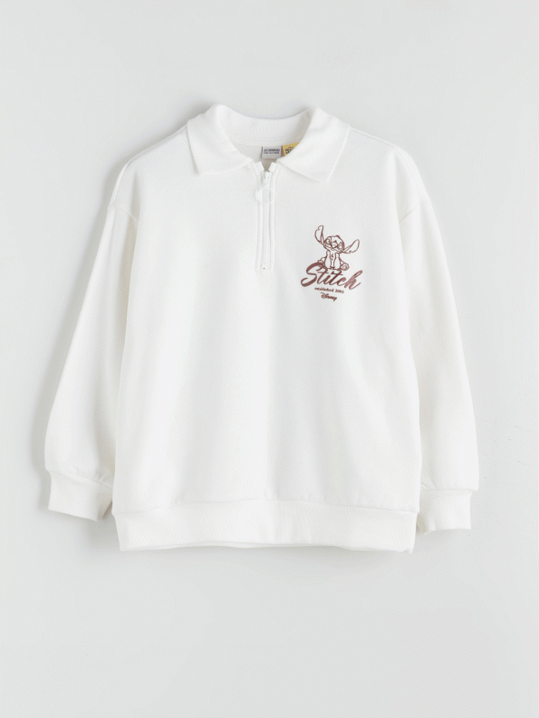LCW Kids Cream Polo Neck Stitch Printed Girl's Sweatshirt