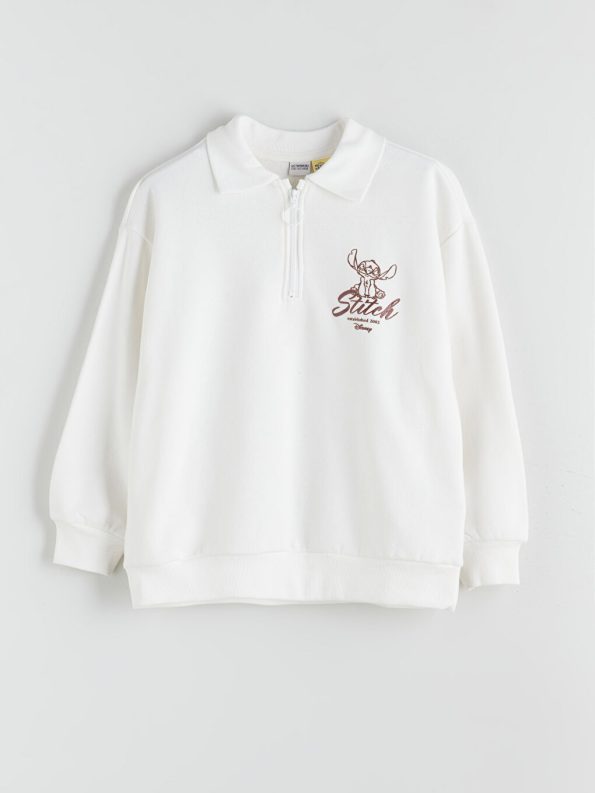 LCW Kids Cream Polo Neck Stitch Printed Girl's Sweatshirt