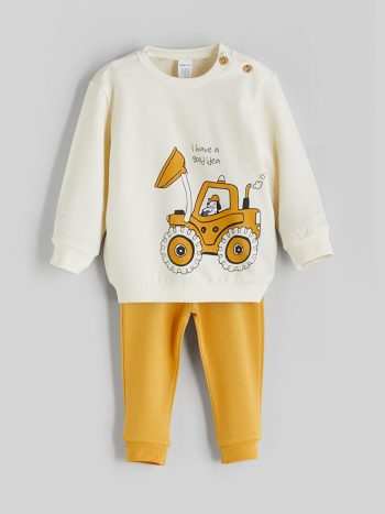 LCW Eco Beige Printed Baby Boy Sweatshirt and Pants Set