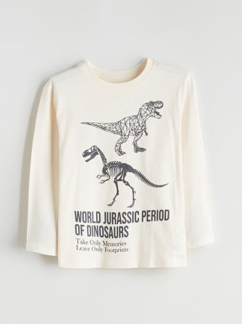 LCW Kids Beige Crew Neck Dinosaur Print Boys T-Shirt