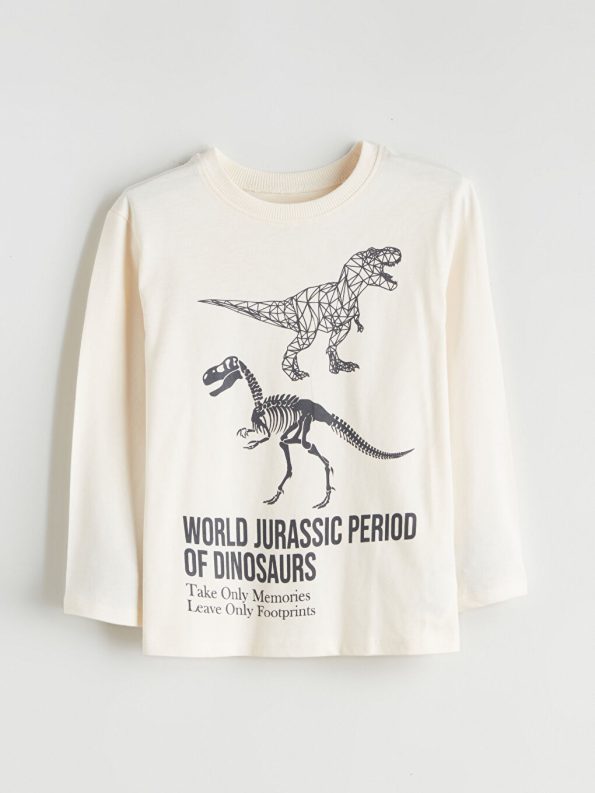 LCW Kids Beige Crew Neck Dinosaur Print Boys T-Shirt