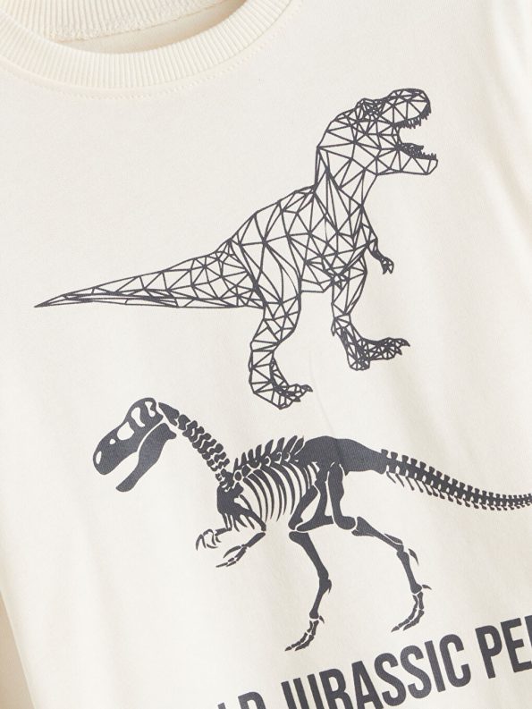LCW Kids Beige Crew Neck Dinosaur Print Boys T-Shirt