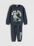 LCW Kids Charcoal Crew Neck Dinosaur Print Boys Sweatshirt and Pants Set